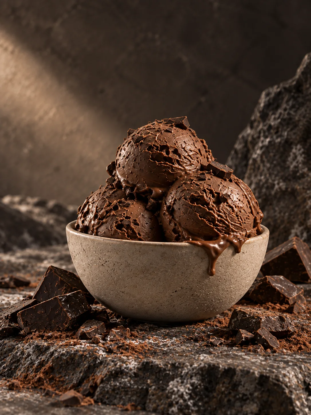 A scoop of dark chocolate gelato, concept image