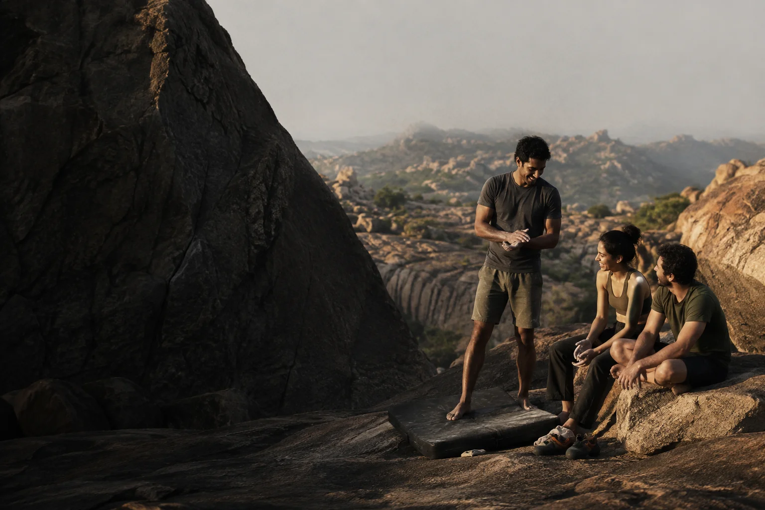Campaign scene of friends sharing a quiet moment among granite boulders after climbing